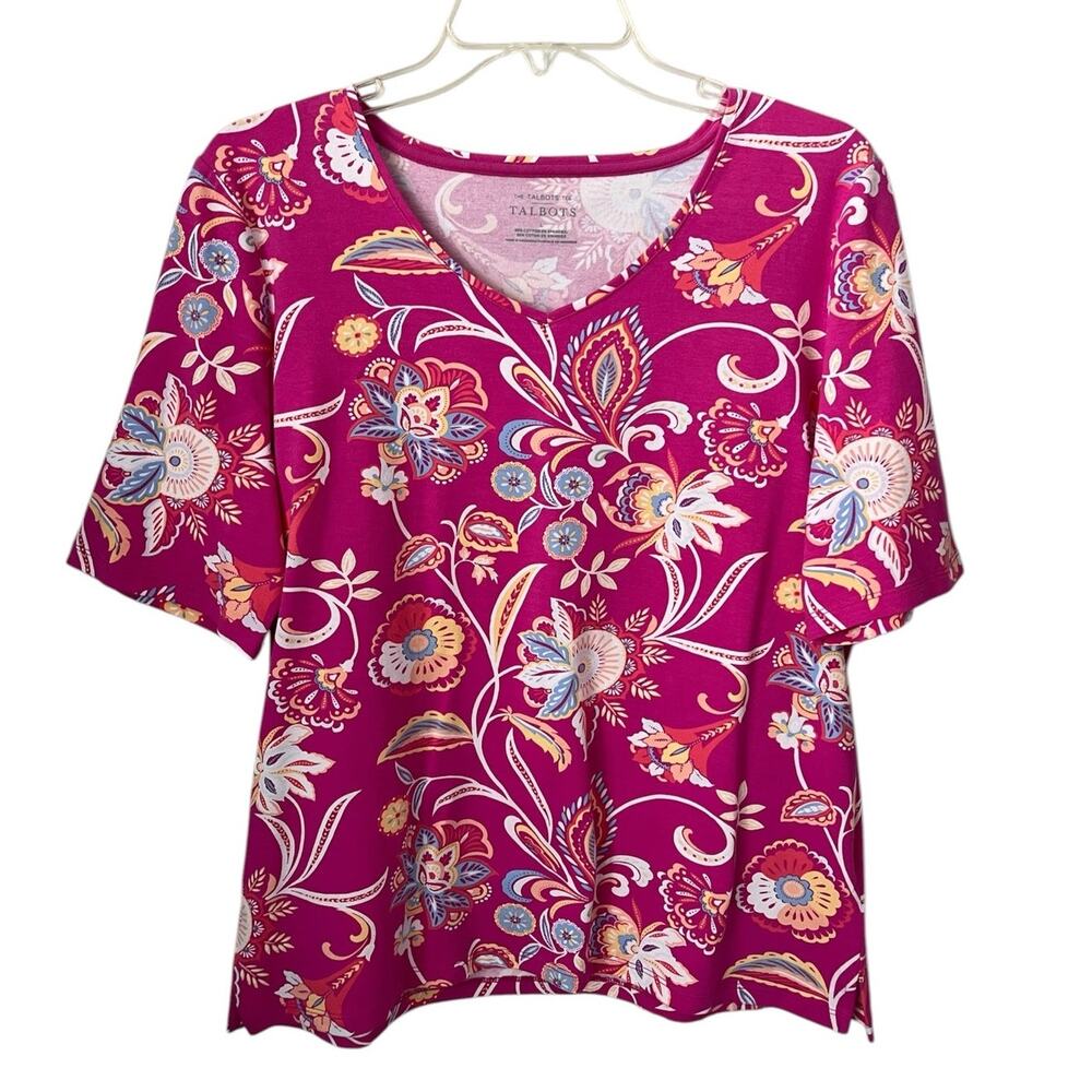 The Talbots Tee Short Sleeves V Neck Floral Paisley Shirt Stretchy Casual Large